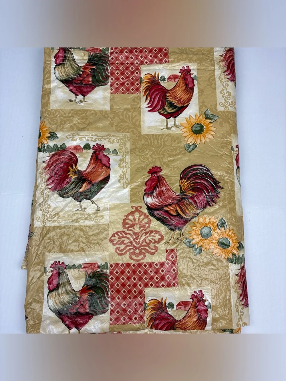 Chicken Rooster Tablecloth 99x58 Country Farmhouse Floral Vinyl Flannel Backing